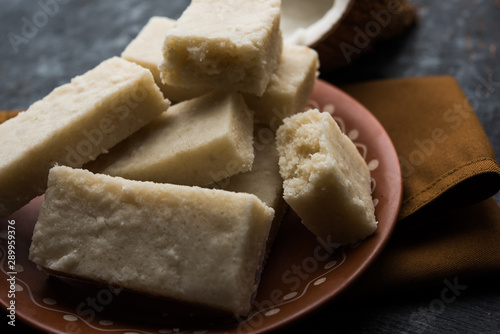 Coconut Burfi / Kopra  Pak/ Fresh Nariyal Fudge, selective focus