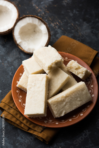 Coconut Burfi / Kopra  Pak/ Fresh Nariyal Fudge, selective focus photo