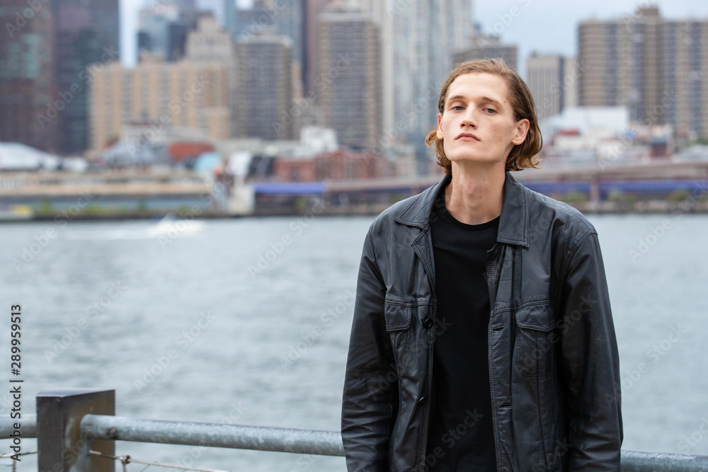 Fototapeta premium Handsome man, wearing black clothes in New York