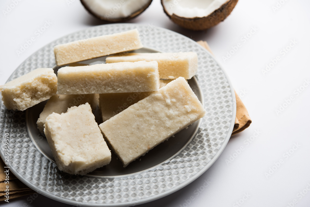 Coconut Burfi / Kopra  Pak/ Fresh Nariyal Fudge, selective focus