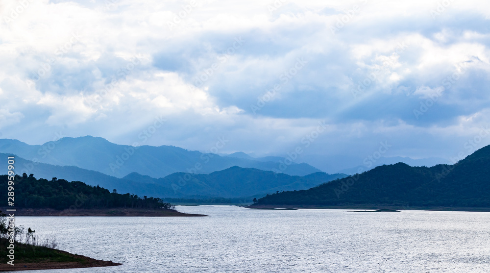 Lake and sky sunrise background. Krachan national park viewpoint, Phetchaburi, Thailand, Asia