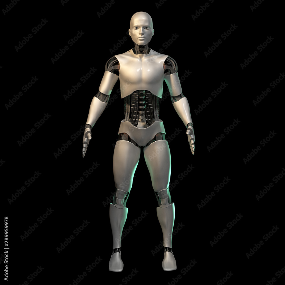 futuristic robot, male cyborg isolated on black background (3d illustration)