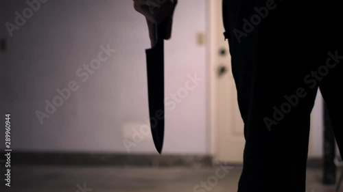 A scary slasher killer holding a kitchen knife in silhouette and walking towards his murder victim in a home invasion SLOW MOTION. photo