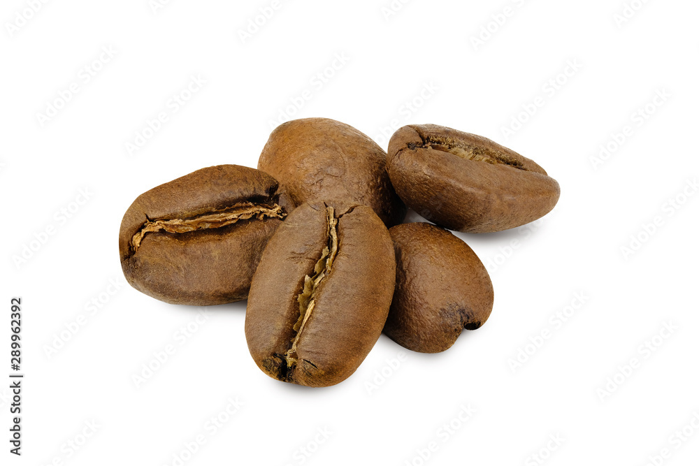 Close up of a coffee bean, Roasted coffee beans white background Close up of a coffee bean, Roasted coffee beans white background