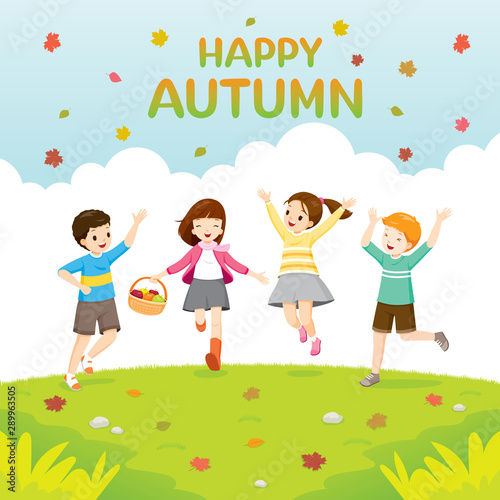 Happy Children Jumping Together In Autumn Season