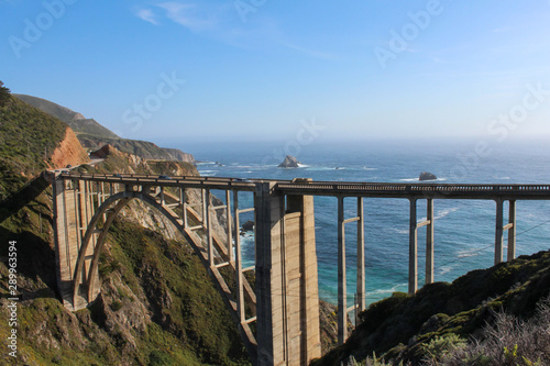 View of Bixby Creek Bridge from the Northeast along with pacific coastline, California, USA