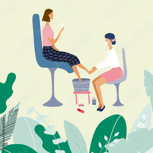 Woman or girl  performing pedicure and her client surrounded by tools and cosmetics for nail care. Big plants around them. Concept for beauty salon. Colorful vector illustration in flat cartoon style.