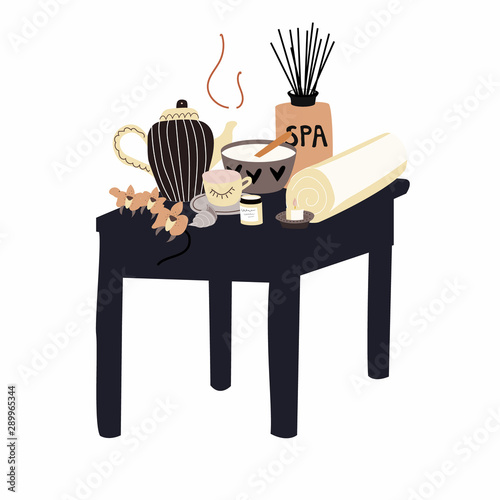 Composition of elements for spa relaxing:tea, aromatherapy,  body care, beauty salon, wellness center, relax, health, thai massage, meditation . Hand drawn collection of beauty. Vector illustration.