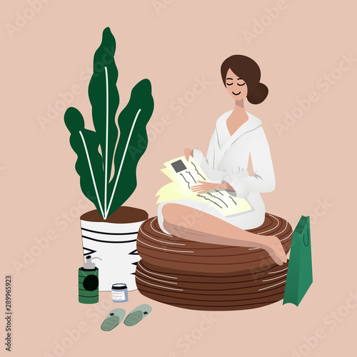 young girl reading magazine after spa procedures: aromatherapy, honey therapy, body care, Thai massage, meditation. Beauty salon, wellness center poster, banner. Hand drawn vector illustration. 