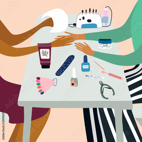 Manicurist or girl hands  performing manicure and her client surrounded by tools and cosmetics for nail care. Beauty salon. Colorful vector illustration in flat cartoon style