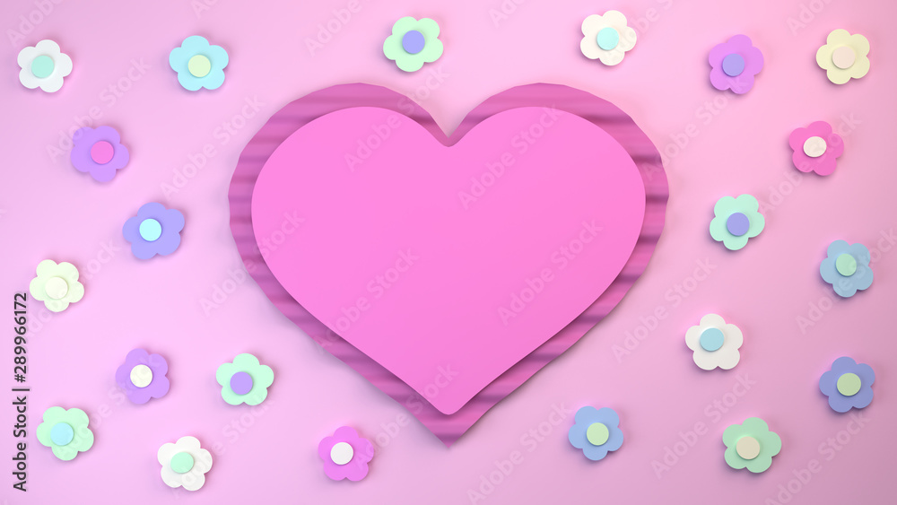 lovely pink heart surrounded by flowers, paper cut in pastel colours