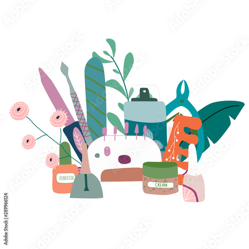 Manicure  pedicure equipment vector composition with nail scissors, polish, cream. Concept for nail studio, salon. Beauty banner for spa. Doodle vector illustration