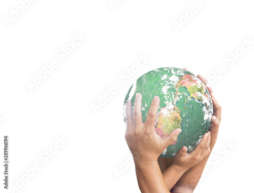 Fototapeta Naklejka Na Ścianę i Meble -  World environment day concept: Earth globe in family hands Isolated on white background. Elements of this image furnished by NASA