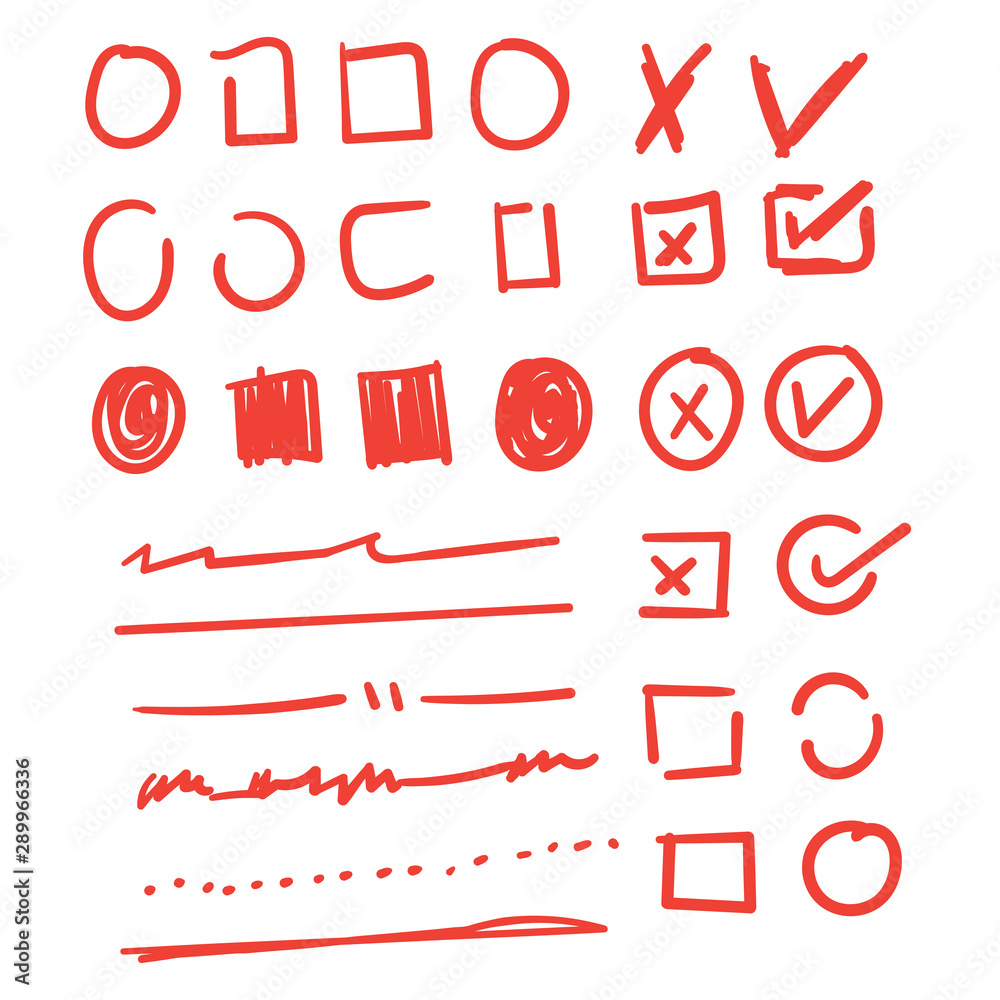 Doodle check marks and underlines. Hand drawn red strokes and pen markings V marks for list items vector Doodle check marks and underlines. Hand drawn red strokes and pen markings V marks for list items vector