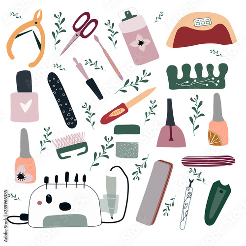 Cute cartoon manicure pedicure equipment vector set with nail scissors, polish, cream. Concept for nail studio, salon. Beauty banner for spa. Doodle vector illustration