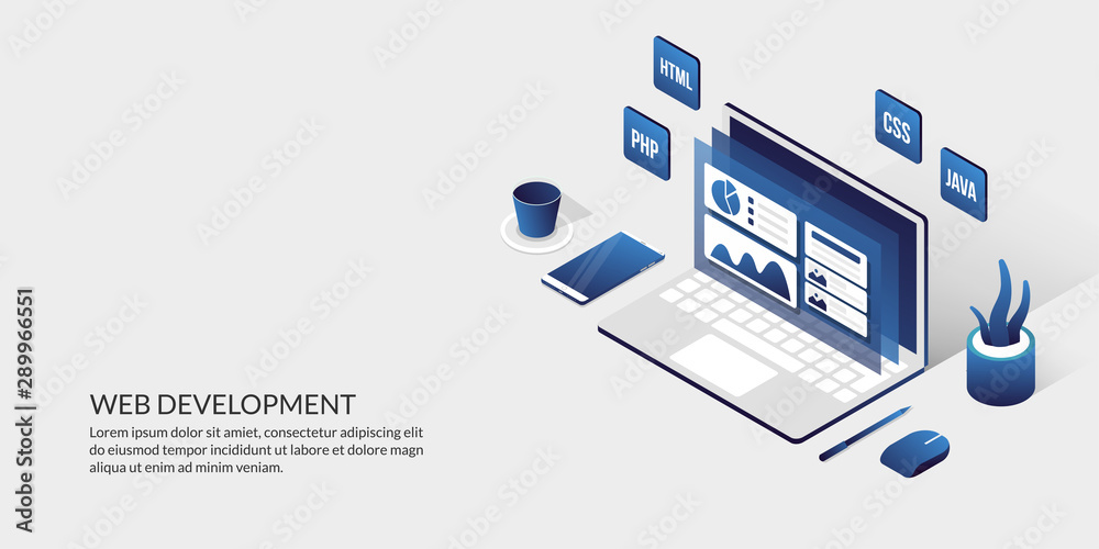 Web development & user interface design concept, isometric website development tools Web development & user interface design concept, isometric website development tools