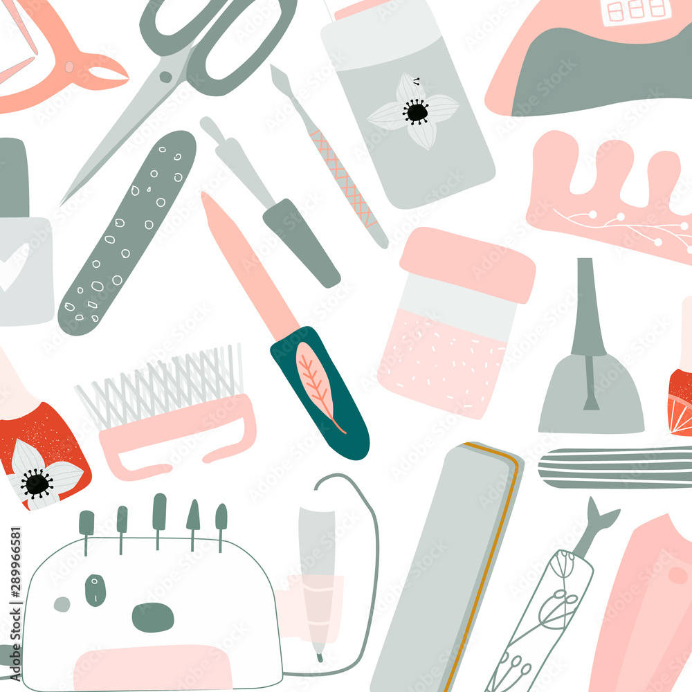 Cute cartoon manicure  pedicure equipment vector pattern set  with nail scissors, polish, nail drill machine. Concept for nail studio, salon. Beauty banner for spa. Doodle vector illustration