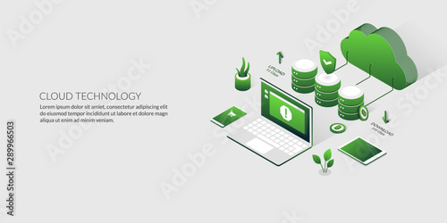 3D cloud computing and data storage, isometric hosting server technology background
