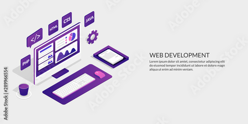Web development & user interface design concept, isometric website development tools