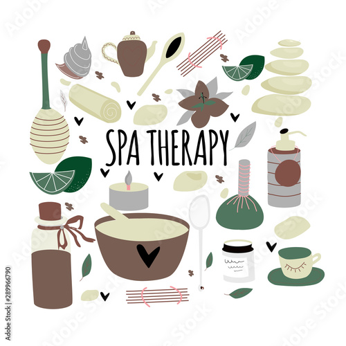 Doodle set of spa elements  with typography for aromatherapy, stone and honey therapy, body care, wellness center, relax, health, thai massage, , meditation. Hand drawn Vector illustration.