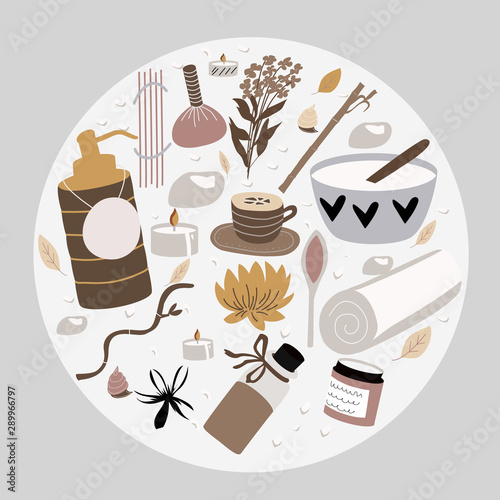 Set of spa elements for aroma and stone therapy , body care, beauty salon, wellness center, relax, health, thai massage, meditation. Hand drawn doodle collection . Vector illustration.