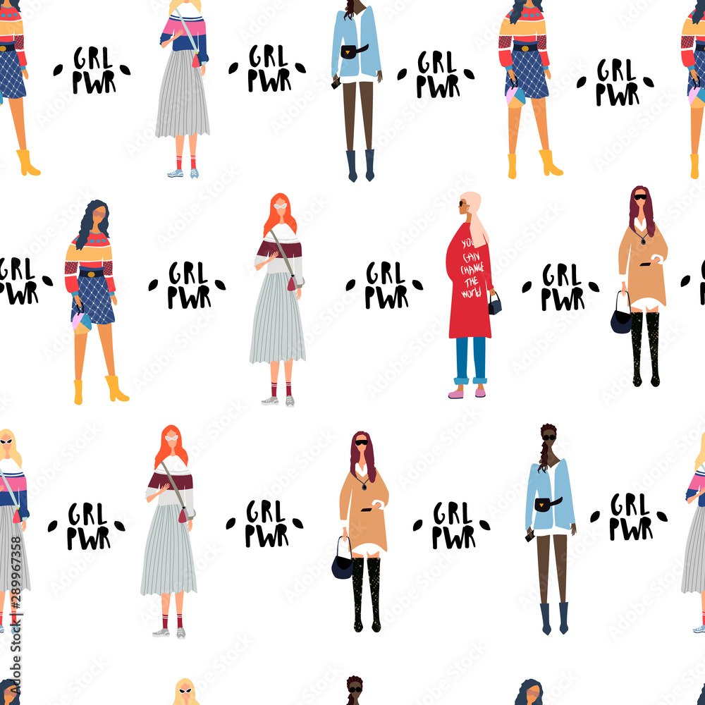Flat colored seamless pattern with young women or girls dressed in trendy, fashionable clothes. Group of friends, feminists. Girl power concept. Female cartoon characters. All elements are isolated