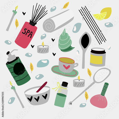 Doodle set of  hand drawn spa elements for aroma therapy , body care, beauty salon, wellness center, relax, health, thai massage, meditation. Collection of beauty. Vector illustration.