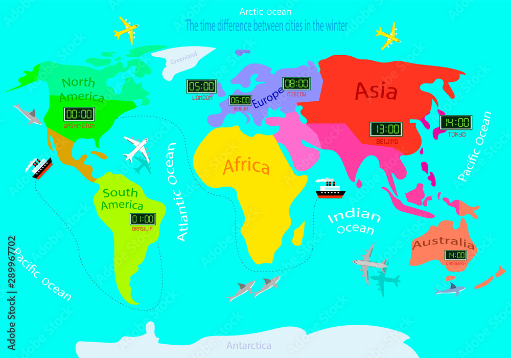 Time Zones On A World Map Time Difference Between Countries In Winter 