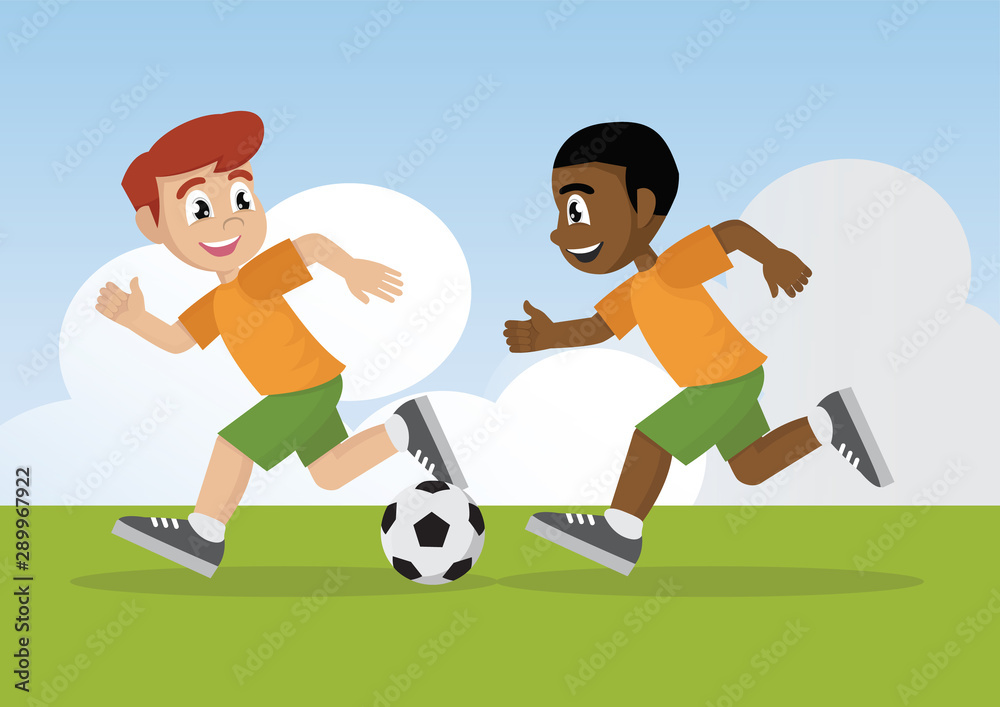 Obraz premium Cartoon character, Boys playing soccer.