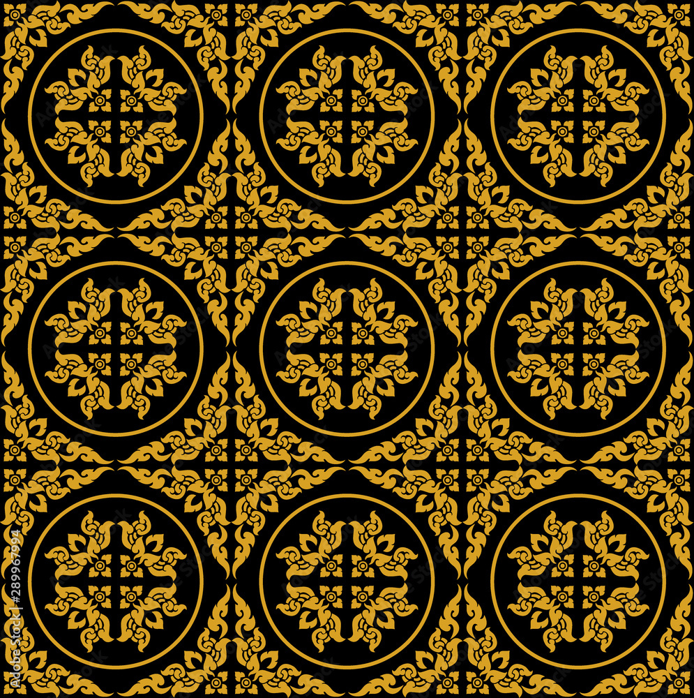 golden Thai pattern seamless vector art on black background, illustration texture for decoration