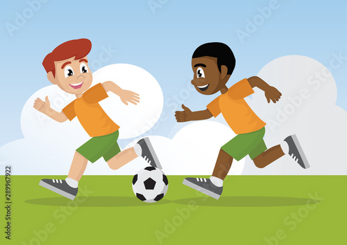 Cartoon character, Boys playing soccer.