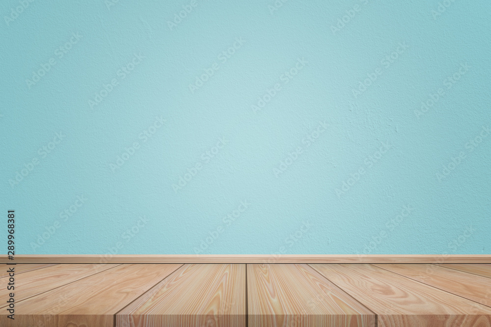 Empty interior room with light blue cement wall texture and brown wooden floor pattern. Concept interior vintage style Empty interior room with light blue cement wall texture and brown wooden floor pattern. Concept interior vintage style