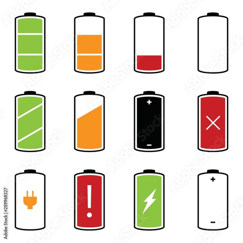 Battery icons set. Battery level and indicator related different styles vector icons.
