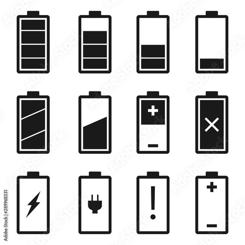 Battery icons set. Battery level and indicator related different styles vector icons.
