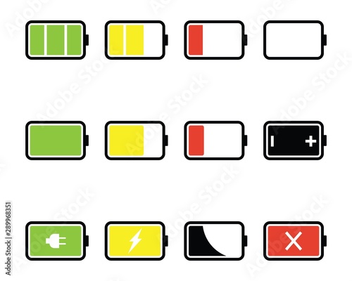 Battery icons set. Battery level and indicator related different styles vector icons.