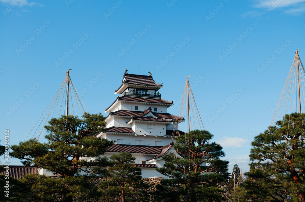 Aizu Wakamatsu Tsuruga Castle under winter blue sky. Fukushima - Japan Aizu Wakamatsu Tsuruga Castle under winter blue sky. Fukushima - Japan