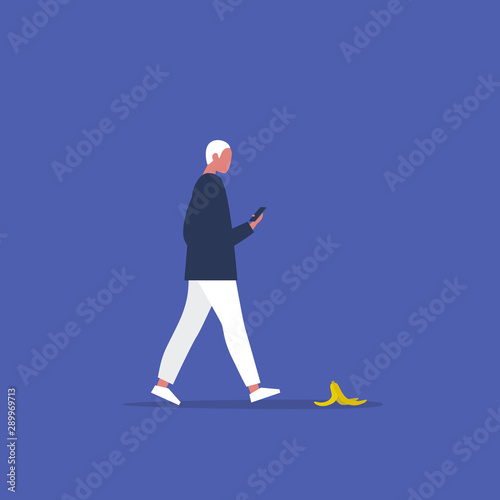 Millennial male character addicted to a smartphone. Modern lifestyle.  Nomophobia. Banana peel. Flat editable vector illustration, clip art