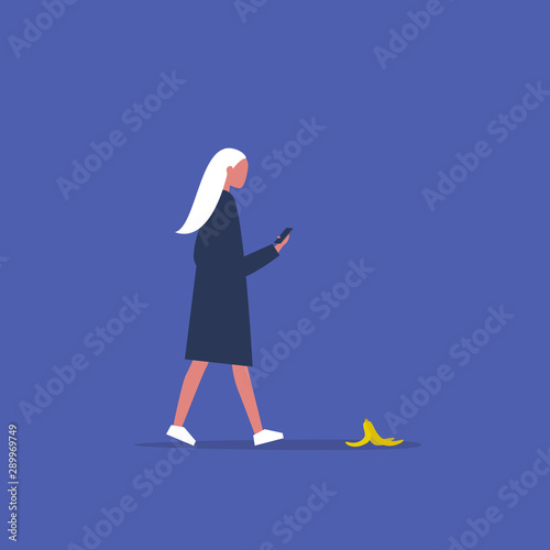 Millennial female character addicted to a smartphone. Modern lifestyle.  Nomophobia. Banana peel. Flat editable vector illustration, clip art