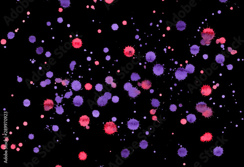 Colorful abstract watercolor texture with splashes and spatters. Red and purple paint drop stain isolated on black background. Grunge design element for poster, flyer, name card. Clipping path.