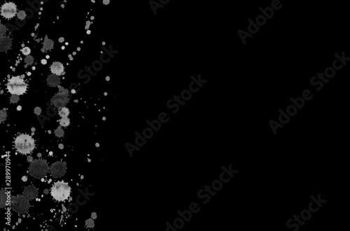 Abstract watercolor texture with splashes and spatters. White paint drop stain isolated on black background. Grunge design element for poster, flyer, name card. Clipping path.