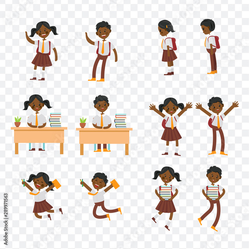 cute children go to school. student with a bag, book, pencils returns to school. Set of cute school kids. big set of girls and boys with school supplies. collection children of different nationalities