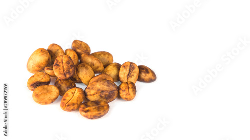 Closeup Shot of Honey Process Coffee Beans Isolated / Die Cut on White Background with Copy Space for Text.