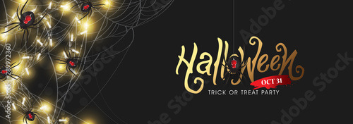 Happy Halloween text banners party invitation background.Realistic spiders and sparkling lights Vector illustration .