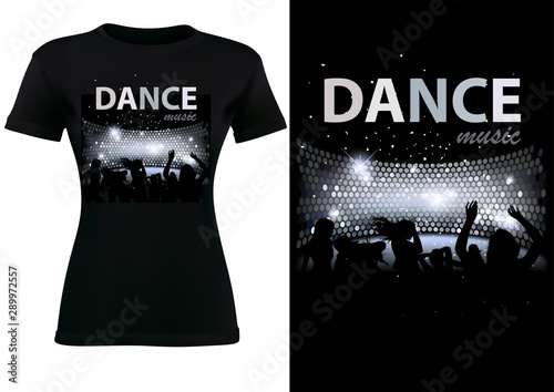 Black T-shirt Design with Abstract Dance Disco Theme and Glittering Spotlight...