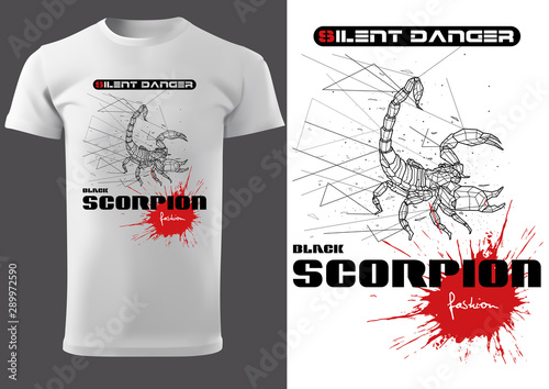 White T-shirt with Abstract Scorpion and Inscription SILENT DANGER BLACK SCORPION - Fashion Print Illustration, Vector Graphic