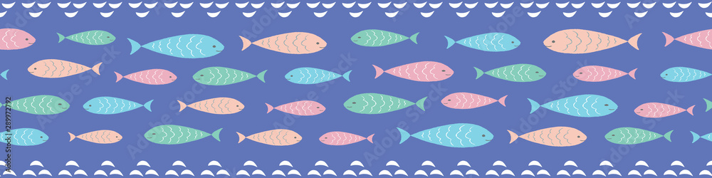 Tropical fish seamless border. Vector repeat pattern of bright stylized fish.