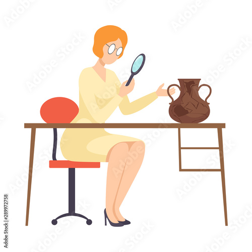 Female Archaeologist Researching Ancient Amphora with Magnifier, Scientist Character Working on Excavations with Historical Artifacts Flat Vector Illustration