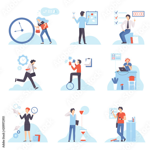 Fototapeta Naklejka Na Ścianę i Meble -  Businesspeople Planning Their Working Time Set, Organization and Control of Working Time, Efficient Time Management Business Concept Flat Vector Illustration