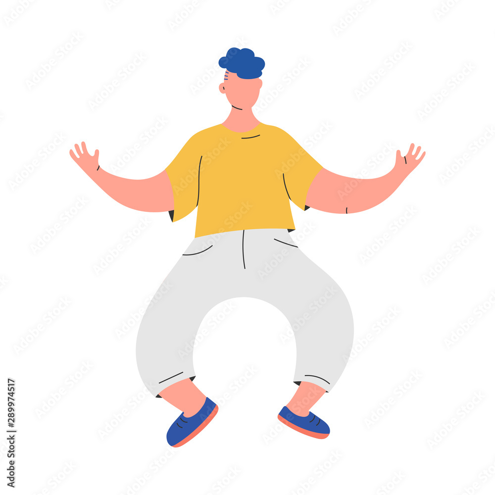 Flat vector illustration of male dancer character having fun. Happy person moving on white background. Colorful hand drawn drawing in modern cartoon style. Man dancing pose.