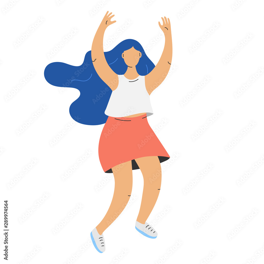 Flat vector illustration of female dancer character having fun. Happy person moving on white background. Colorful hand drawn drawing in modern cartoon style. Woman dancing pose. Flat vector illustration of female dancer character having fun. Happy person moving on white background. Colorful hand drawn drawing in modern cartoon style. Woman dancing pose.